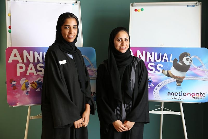 Alia Al Marri, 23, and Aisha Al Abbasi, 21, are two of 400 Emiratis who will start work at Motiongate in October. Pawan Singh / The National