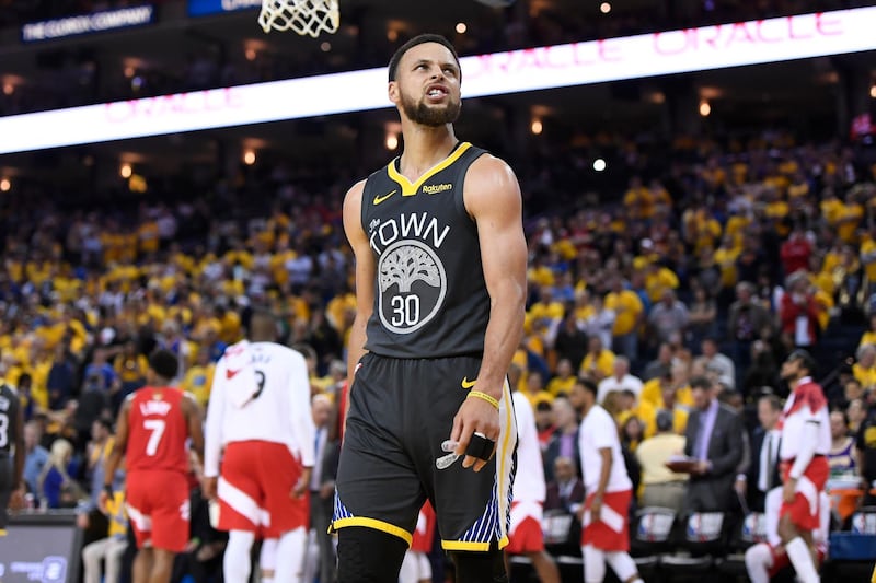 Golden State Warriors guard Stephen Curry (30) reacts during the second half of Game 4 against the Toronto Raptors in basketballâ€™s NBA Finals, Friday, June 7, 2019, in Oakland, Calif. (Frank Gunn/The Canadian Press via AP)