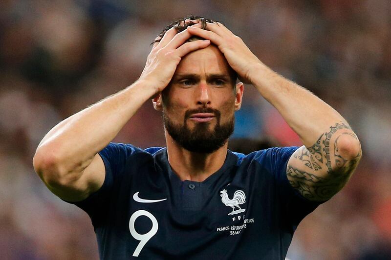 France's Olivier Giroud reacts after missing to score a second goal during a friendly soccer match between France and Ireland at the Stade de France stadium, in Saint Denis, north of Paris, France, Monday, May, 28, 2018. (AP Photo/Thibault Camus)
