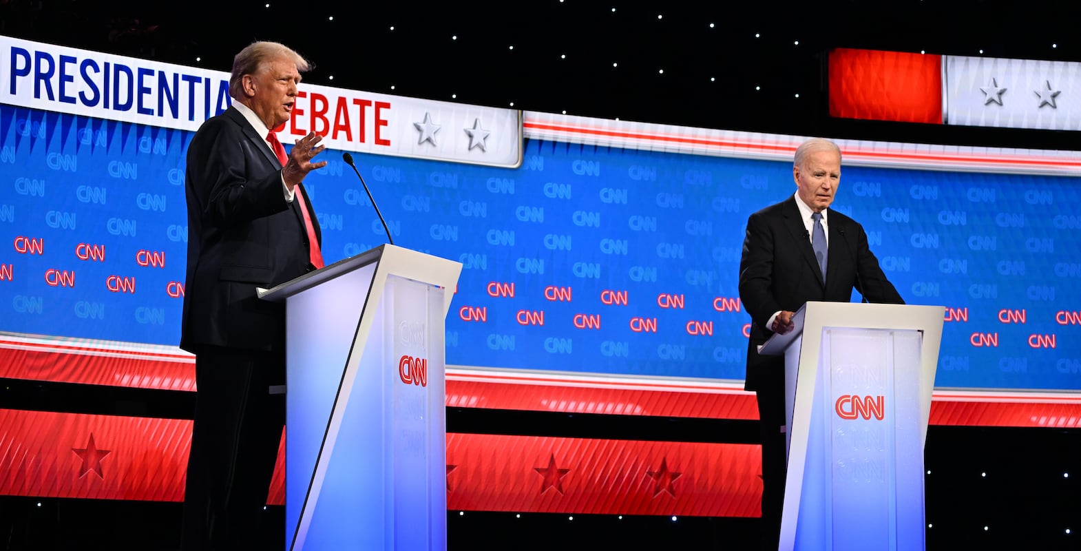 US President Joe Biden (R) and former US President Donald J.  Trump (L) participate in the first 2024 presidential election debate, at Georgia Institute of Technologyâ€™s McCamish Pavilion in Atlanta, Georgia, USA, 27 June 2024.  The first 2024 presidential election debate is hosted by CNN.   EPA / WILL LANZONI  /  CNN PHOTOS MANDATORY CREDIT: CNN PHOTOS  /  CREDIT CNN - WILL LANZONI   EDITORIAL USE ONLY  EDITORIAL USE ONLY