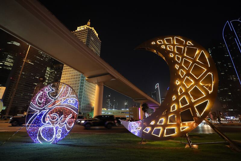 Decorative lights for Eid celebrations, at the World Trade Centre roundabout in Dubai. Pawan Singh / The National