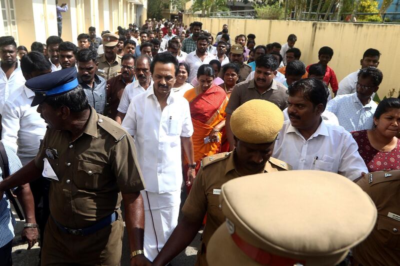 Dravida Munnetra Kazhagam (DMK) leader M.K. Stalin walks outside a polling station after casting his vote during the second phase of India's general elections in Chennai, India, Thursday, April 18, 2019. The Indian election is taking place in seven phases over six weeks in the country of 1.3 billion people. Some 900 million people are registered to vote for candidates to fill 543 seats in India's lower house of Parliament. (AP Photo/R. Parthibhan)