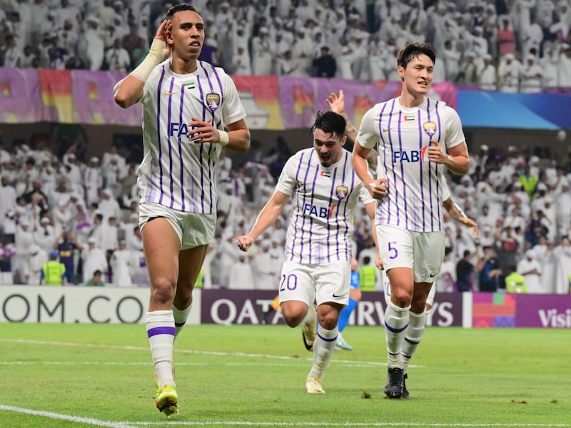 Al Ain's hat-trick hero Soufiane Rahimi celebrates scoring in the 4-2 Asian Champions League semi-final first-leg victory over Al Hilal at Hazza bin Zayed Stadium on Wednesday, April 17, 2024. All photos: Al Ain FC