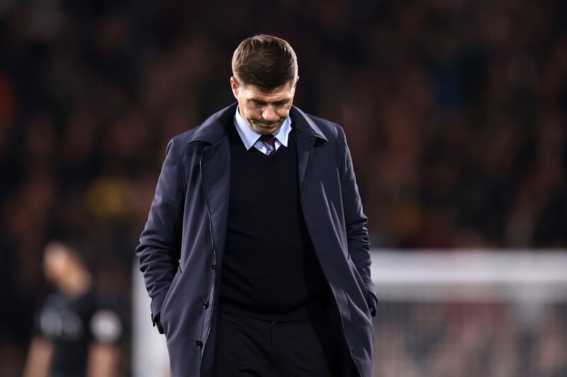 Aston Villa manager Steven Gerrard looks dejected following a 3-0 Premier League defeat to Fulham at Craven Cottage on October 20, 2022 in London, England. Gerrard was sacked by the Villa board shortly after. Getty Images