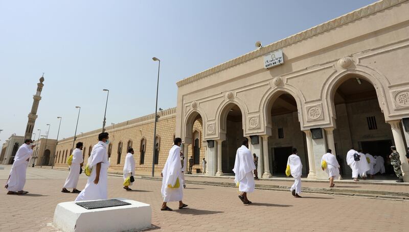 Pilgrims enter Namira Mosque in Arafat. AP Photo