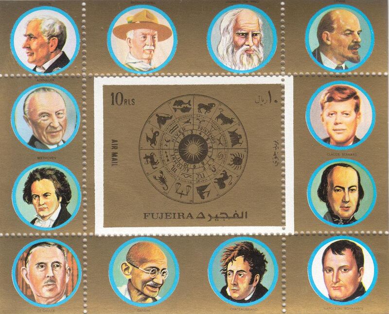 DUBAI, UNITED ARAB EMIRATES - JULY 25 2019. Fujeirah Ghandi stamps, part of the collection of Ummer Farook.

Ummer Farook won a silver award for his collection on Gandhi at a recent international exhibition in China. His award winning collection on Gandhi shows stamps issued by more than 100 countries with images of the non-violence leader as a young law student and leading India’s independence struggle against British colonial rule. More than 20 countries have issued stamps over the past year to commemorate the 150th birth anniversary celebrations that began in October last year.

(Photo by Reem Mohammed/The National)
 
Reporter: RAMOLA TALWAR
Section: NA