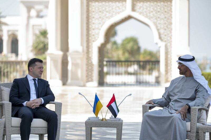 Sheikh Mohamed bin Zayed meets Volodymyr Zelenskiy in Abu Dhabi on Sunday. Rashed Al Mansoori / Ministry of Presidential Affairs 
