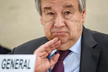 UN Secretary-General Antonio Guterres looks on at the opening of the UN Human Rights Council's main annual session in Geneva.  AFP