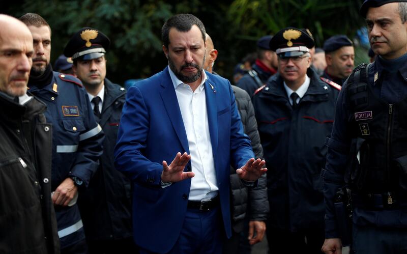 Italy's Interior Minister Matteo Salvini arrives after police confiscated a villa built illegally by an alleged Mafia family in Rome, Italy, November 20, 2018.  REUTERS/Yara Nardi