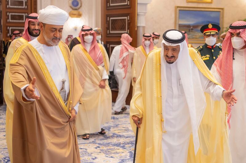 Saudi Arabia's King Salman bin Abdulaziz Al Saud, right, receiving Sultan of Oman Haitham bin Tarik, left, at Neom Royal Palace, in the Tabuk Province of Saudi Arabia on July 11, 2021. EPA