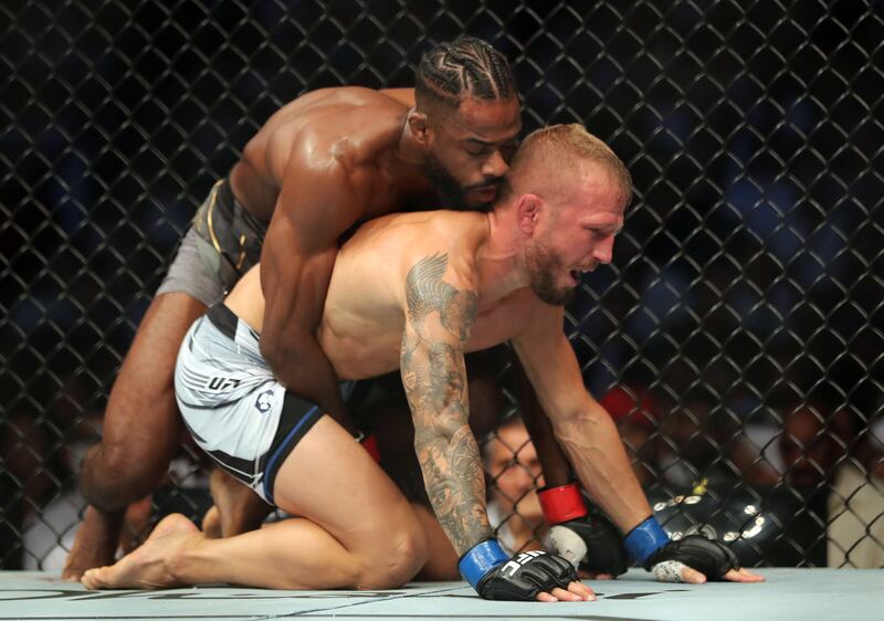 Aljamain Sterling beat TJ Dillashaw in the bantamweight title fight at UFC 280 in Abu Dhabi. Chris Whiteoak / The National