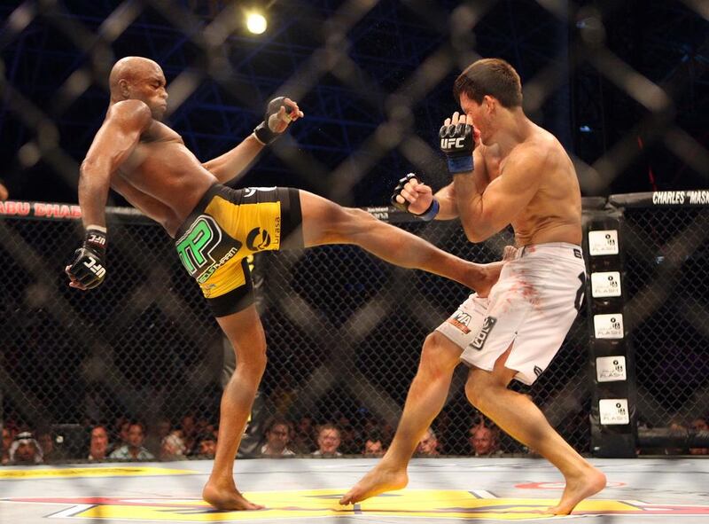 Anderson Silva kicks Demian Maia during their UFC Middleweight Championship bout at Yas Island. Stephen Lock / The National  