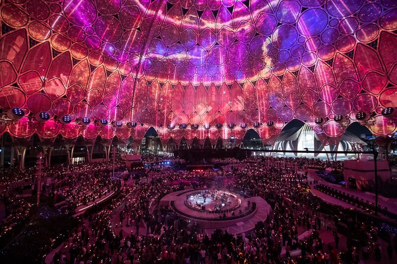 Coldplay perform beneath Al Wasl dome to a packed crowd. Photo: Expo 2020 Dubai