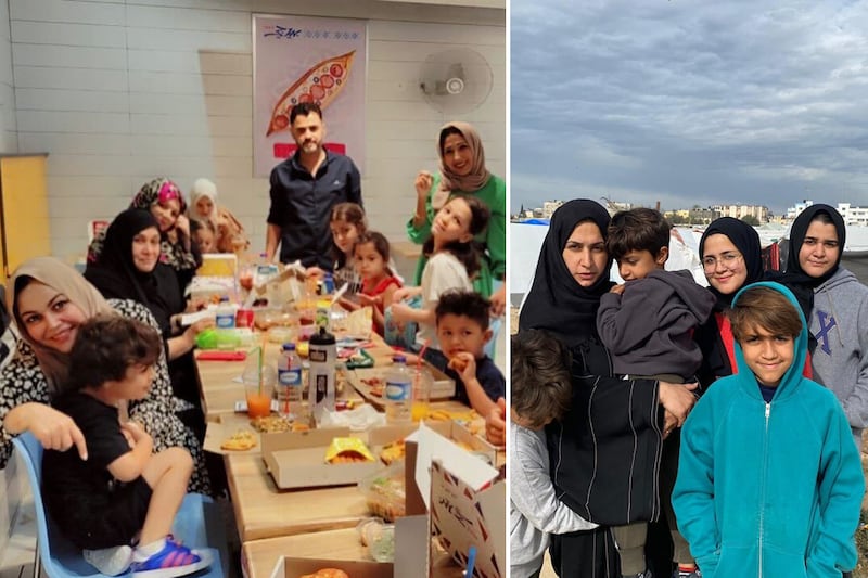 Left: Narmin El Gabbour with her siblings and their children in Gaza before the war. Right: Narmin's sister Noura in a refugee camp in Gaza. Photo: Narmin El Gabbour