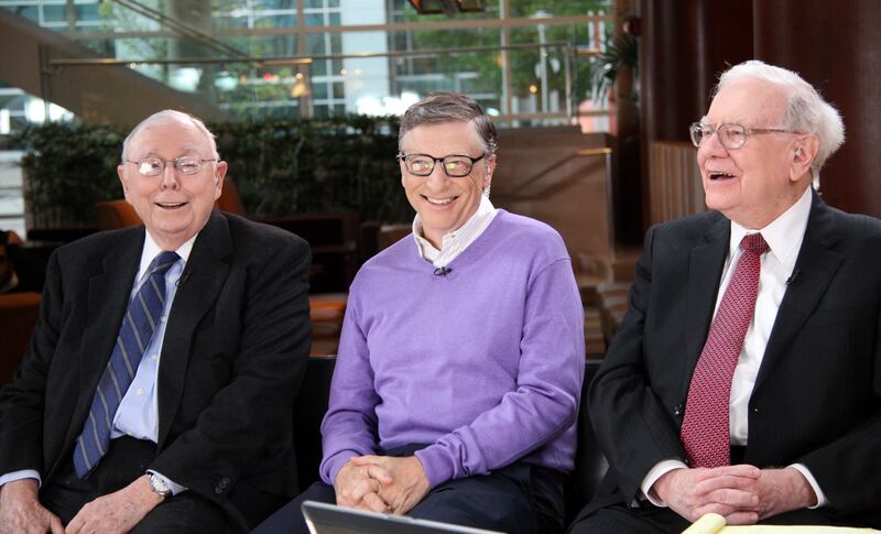 Munger with Microsoft founder Bill Gates and Mr Buffett in May 2015. Getty