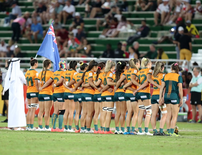 Australia line up as they take on Fiji in the final of the Women's HSBC World Rugby Sevens series on the third day of the Emirates Dubai 7s. All photos Chris Whiteoak / The National