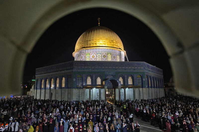 Worshippers perform late-night prayers at the Dome of the Rock in Jerusalem's Al Aqsa Mosque compound. AFP