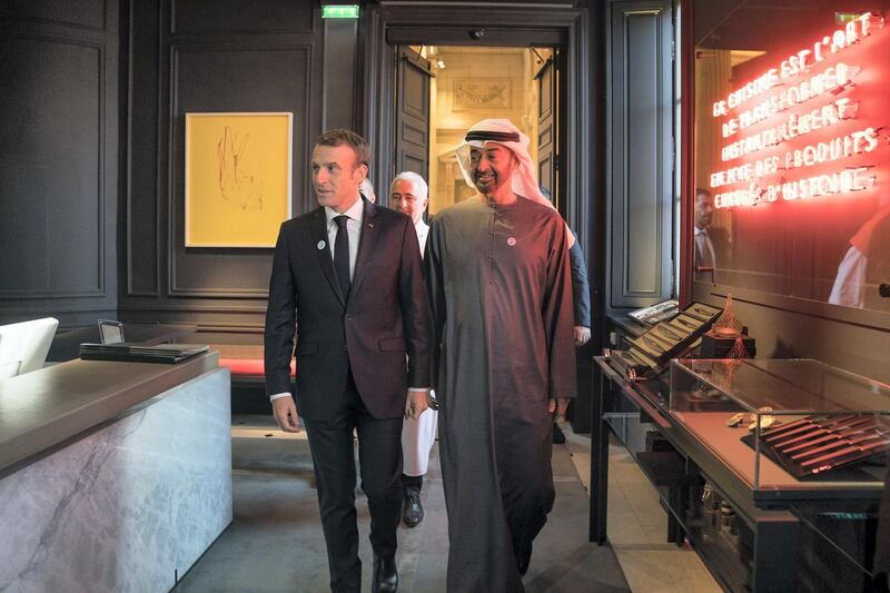 PARIS, FRANCE -November 21, 2018: HH Sheikh Mohamed bin Zayed Al Nahyan, Crown Prince of Abu Dhabi and Deputy Supreme Commander of the UAE Armed Forces (R) is received by HE Emmanuel Macron, President of France (L), commencing a business visit.

( Mohamed Al Hammadi / Ministry of Presidential Affairs )
---