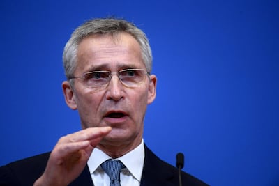 Nato Secretary General Jens Stoltenberg talks speaks during a joint press with Sweden and Finland's Foreign ministers after their meeting at the Nato headquarters in Brussels on January 24, 2022. AFP