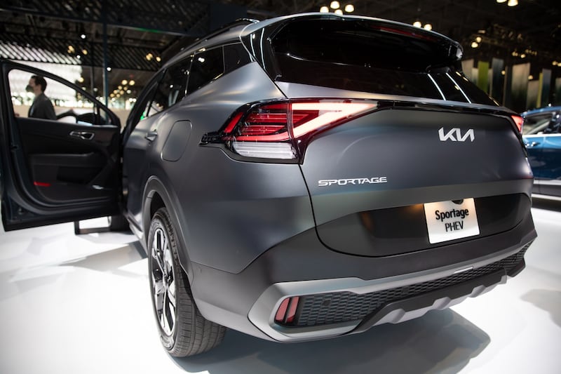 A Kia Sportage plug-in hybrid electric vehicle on display during the 2022 New York International Auto Show in April 2022. Bloomberg