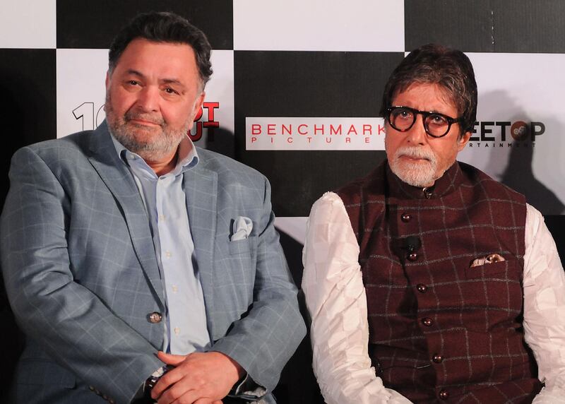 Rishi Kapoor and Amitabh Bachchan attend a launch event for their Hindi comedy-drama '102 Not Out' in Mumbai on April 19, 2018. AFP