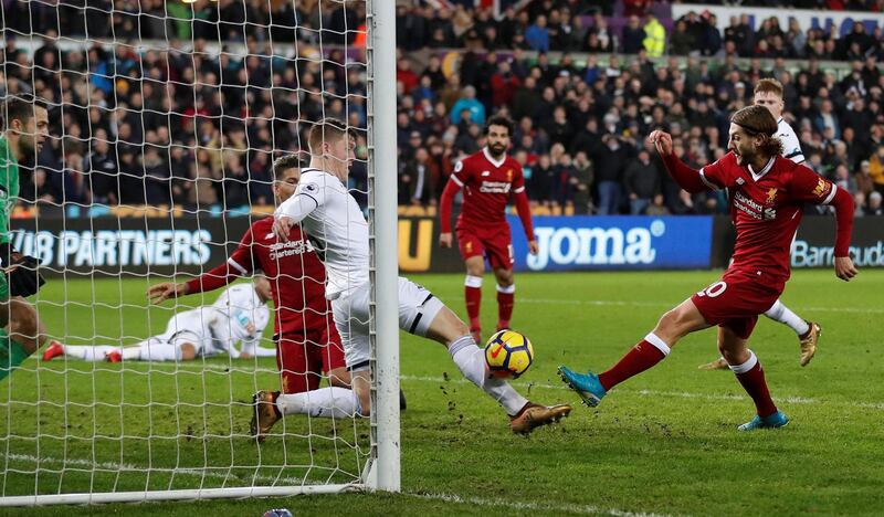 Soccer Football - Premier League - Swansea City vs Liverpool - Liberty Stadium, Swansea, Britain - January 22, 2018   Liverpool's Adam Lallana misses a chance to score                    Action Images via Reuters/Matthew Childs    EDITORIAL USE ONLY. No use with unauthorized audio, video, data, fixture lists, club/league logos or "live" services. Online in-match use limited to 75 images, no video emulation. No use in betting, games or single club/league/player publications.  Please contact your account representative for further details.