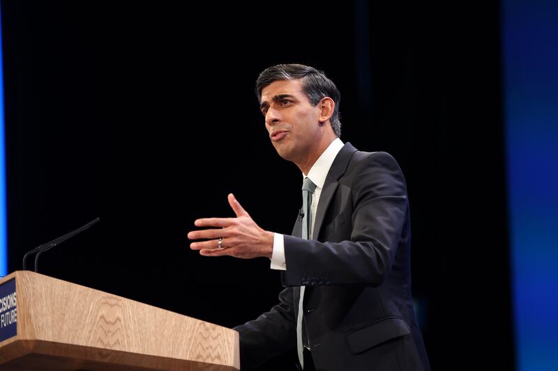 British Prime Minister Rishi Sunak makes his keynote speech at the Conservative Party Conference in Manchester, Britain, 04 October 2023. EPA