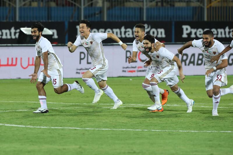 Al Wahda celebrate UAE Super Cup success following a penalty shoot-out victory over Al Ain in the Arabian Gulf Super Cup match played in Cairo, Egypt. Courtesy AGL