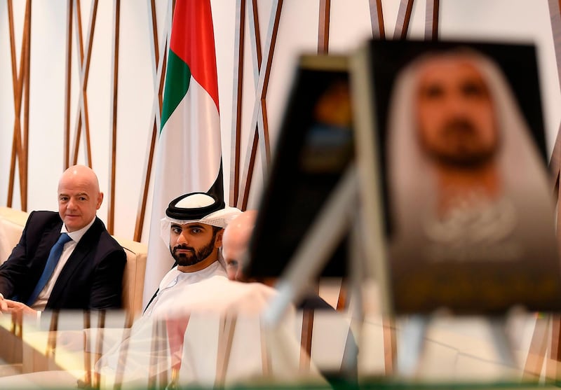 Sheikh Mansour bin Mohammed bin Rashid and Fifa President Gianni Infantino in Dubai. AFP