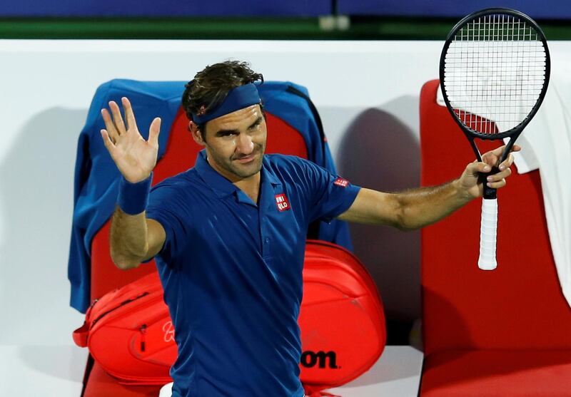 epa07397194 Roger Federer of Switzerland reacts after defeating Philipp Kohlschreiber of Germany in their first round match at the Dubai Duty Free Tennis ATP Championships 2019 in Dubai, United Arab Emirates, 25 February 2019.  EPA/ALI HAIDER