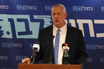 Israeli Defence Minister and leader of Blue and White party Benny Gantz addresses a press conference at his party's office in the Knesset in Jerusalem on June 7, 2021. / AFP / Menahem KAHANA
