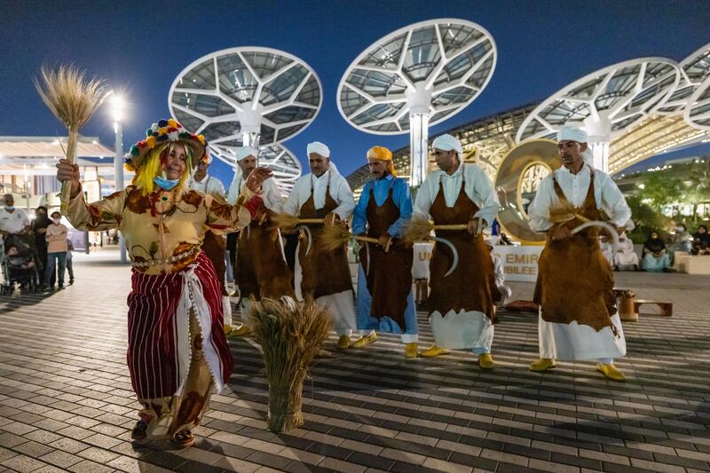 Members of the UAE's Al Noban Troupe and Morocco's  Hassada Troupe in action. Photo: Expo 2020 Dubai