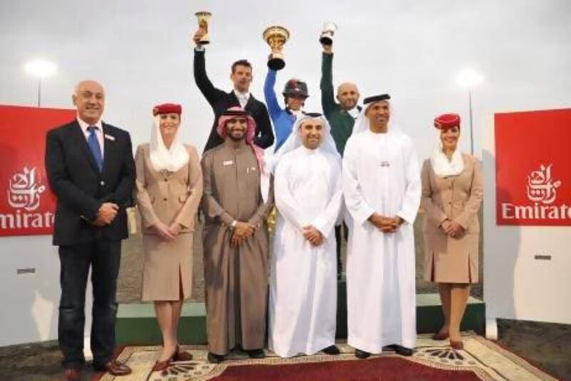 Sheikha Latifa Al Maktoum celebrat4es with her trophy. Emirates Equestrian Centre