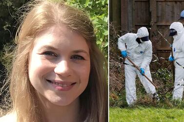 Left: Sarah Everard, right: Police officers search an area of grass land in Deal. Metropolitan Police of Sarah Everard/Reuters