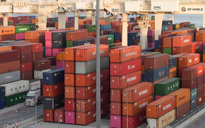 Containers are stacked at the port of Jebel Ali, operated by the Dubai-based giant ports operator DP World, in the southern outskirts of the Gulf emirate of Dubai, on June 18, 2020. - The chairman of DP World said it is "preparing for the worst" with the full impact of coronavirus to hit in coming months, as global trade suffers its worst blow since World War II.
The firm and its subsidiaries are a major source of cash for the emirate's economy, one of the most diversified in the oil-rich Gulf but mired in a long malaise. (Photo by KARIM SAHIB / AFP)
