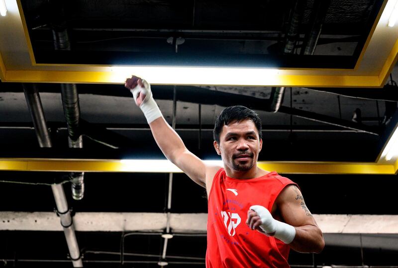 This photo taken late on June 6, 2019 shows Philippine boxing icon Manny Pacquiao training at a gym in Manila, ahead of his World Boxing Association title bout next month against Keith Thurman in Las Vegas.  / AFP / Noel CELIS
