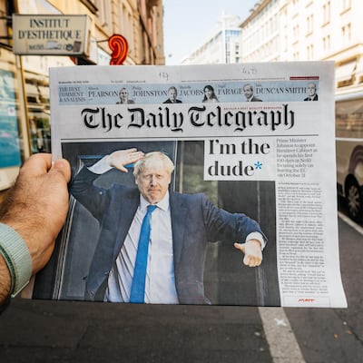 W4XPK4 Paris, France - Jul 24, 2019: Boris Johnson appears on cover page of the Daily Telegraph newspaper as he becomes UK United Kingdom Prime Minister - i m the dude title. Alamy