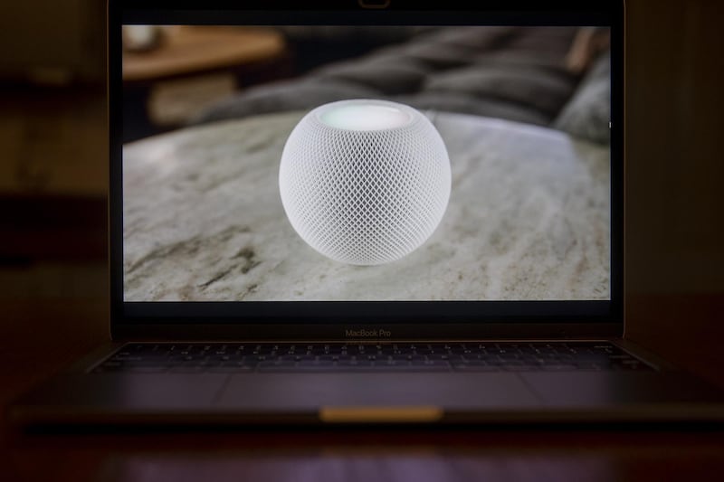 Apple HomePod mini speaker is unveiled during a virtual product launch seen on a laptop computer in Tiskilwa, Illinois, U.S. Bloomberg