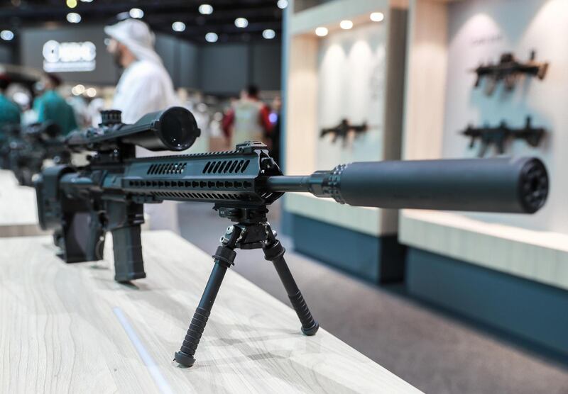 Abu Dhabi, U.A.E., February 17, 2019. INTERNATIONAL DEFENCE EXHIBITION AND CONFERENCE  2019 (IDEX) Day 1-- CARACAL Stand with the CAR 817 DMR sniper rifle.Victor Besa/The NationalSection:  NAReporter:  Dania Saadi