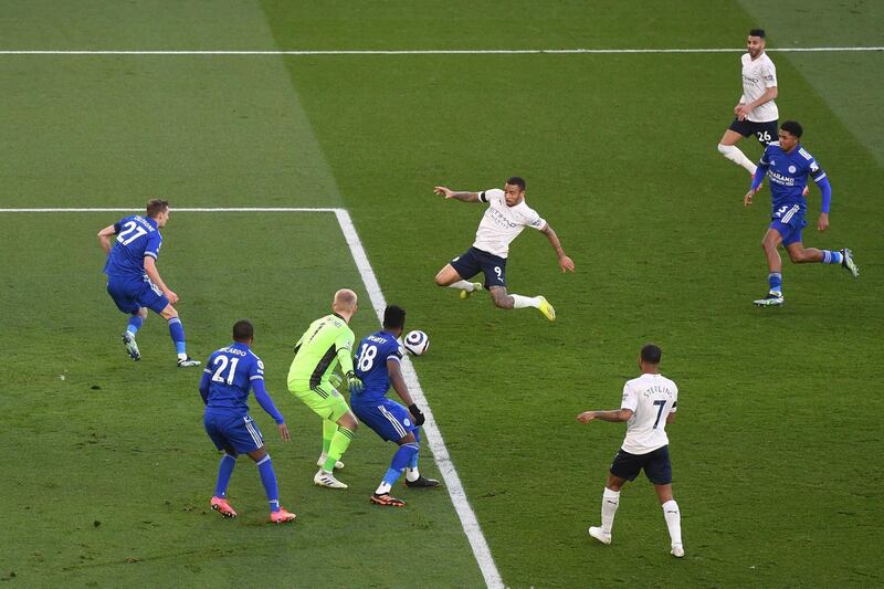 Gabriel Jesus scores Manchester City's second goal against Leicester City. Getty Images