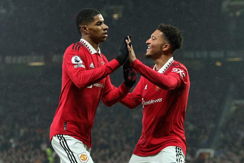 Manchester United's Marcus Rashford celebrates with Jadon Sancho after scoring the winning goal in the 1-0 Premier League victory against Brentford at Old Trafford on April 5, 2023. Getty