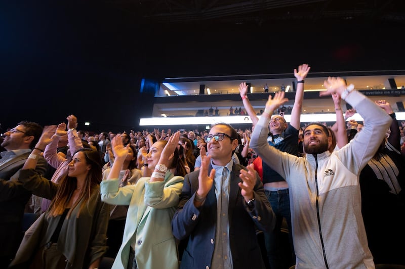 The crowd gets involved during Tony Robbins' four-hour long, non-stop speech 