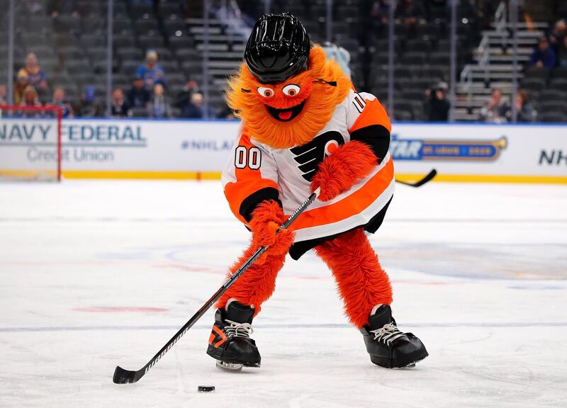 ST LOUIS, MISSOURI - JANUARY 25: Mascot Gritty of the Philadelphia Flyers participates in the mascot game prior to the 2020 Honda NHL All-Star Game at Enterprise Center on January 25, 2020 in St Louis, Missouri.   Dilip Vishwanat/Getty Images/AFP