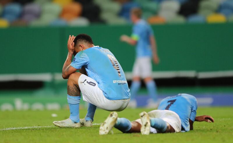 Gabriel Jesus and Raheem Sterling after the Lyon defeat. Getty