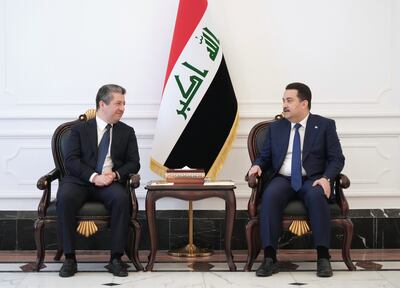 The Prime Minister of Iraq’s Kurdistan Region Masrour Barzani and Iraqi Prime Minister Mohammed Shia Al Sudani met in Baghdad in April. Photo: Iraqi Prime Minister's Office