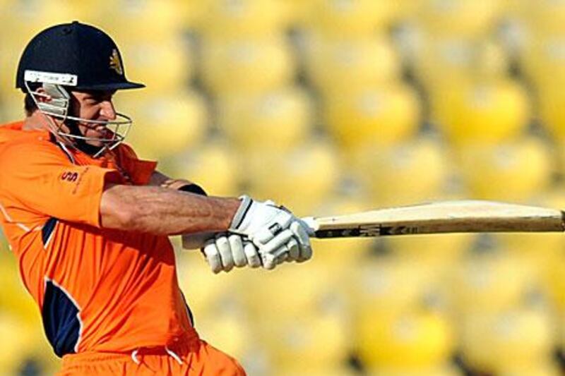 The Netherlands' Ryan Ten Doeschate plays a pull shot away against England.