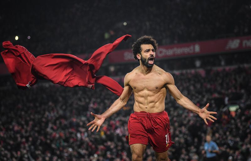 Mohamed Salah of Liverpool celebrates scoring against Manchester United in front of the Kop at Anfield. 19/01/2020.  Michael Regan / FPA / LDY Agency