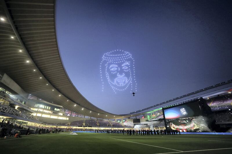 Drones light up the sky with the face of Sheikh Khalifa before the game between Shabab Al Ahli and Al Nasr in the PresidentÕs Cup final in Al Ain on May 16th, 2021. Chris Whiteoak / The National. 
Reporter: John McAuley for Sport