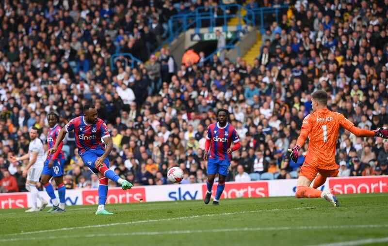 Jordan Ayew of Crystal Palace scores his side's fifth goal past Illan Meslier of Leeds United in the Premier League game at Elland Road on April 9, 2023. Getty 