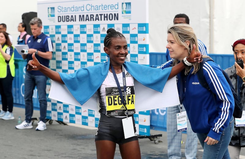 DUBAI, UNITED ARAB EMIRATES , Jan 24  – 2020 :-  Worknesh Degefa Debele from Ethiopia after winning the women Standard Chartered Dubai Marathon 2020 held on the Umm Suqeim Road in Dubai. ( Pawan  Singh / The National ) For News/Online/Instagram.